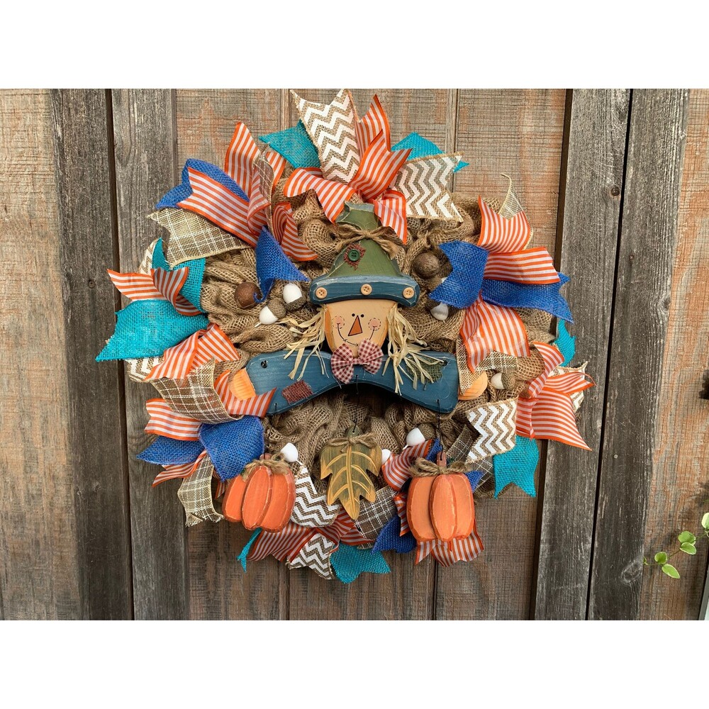 Scarecrow Burlap & Ribbon Wreath/Wall Hanging - New Handmade- Approx 19” x 5”